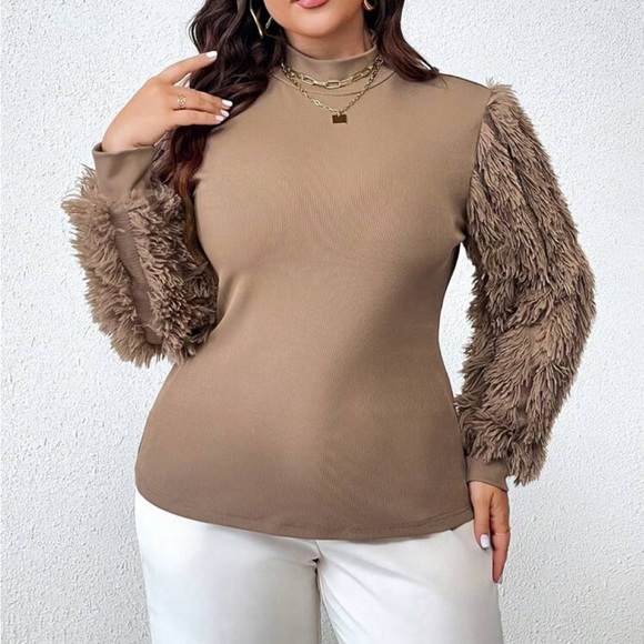 Cozy Plus Size Fuzzy Trim Mock Neck Tee Top Shirt Blouse - Picture 3 of 5